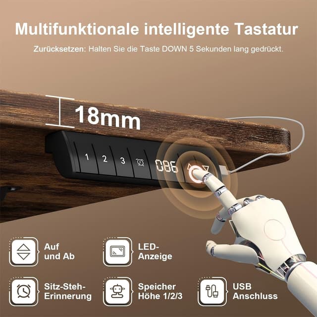 Thumbnail 2 de JUMMICO höhenverstellbarer Schreibtisch 200 x 80 cm (Steh-Sitz) mit Kabelwanne, elektrisch & USB – Vintage-Braun