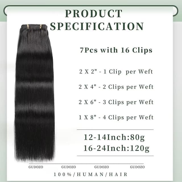 Detalle de GUDOZO Clip-in Echthaar Extensions 35 cm natürliches Schwarz (1B#) – 7-teilig, Skin Weft