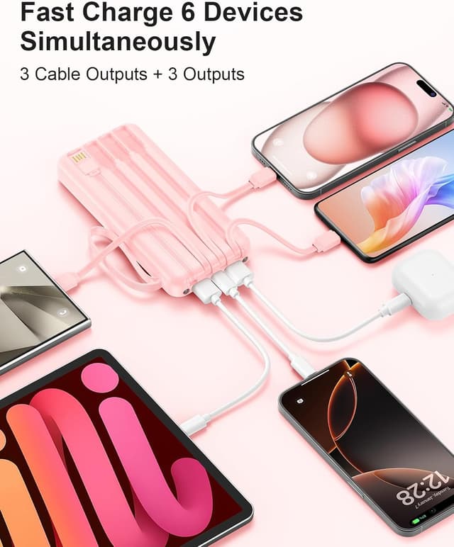 Detalle de Power Bank Fast Charging 10000mAh with Built-in Cables, 22.5W Portable Charger (USB-C and 6 Outputs, LED Display & Flashlight)