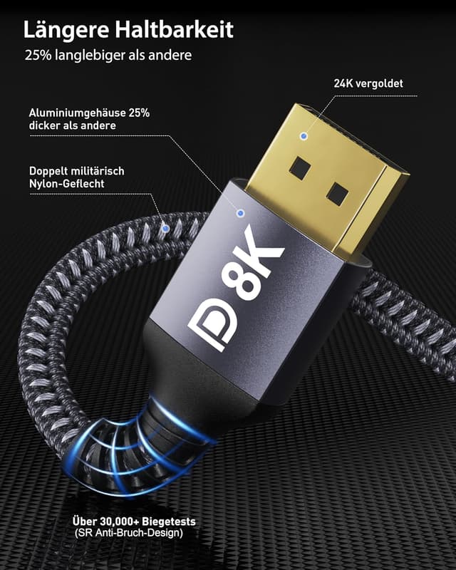 Detalle 1 de Stouchi DisplayPort-Kabel 1.4 240 Hz, 2 m