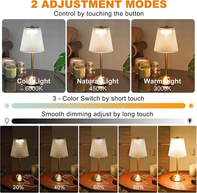 Detalle de Amingulry Cordless Table Lamp (Rechargeable, 3 Colour Modes & Stepless Dimmable Touch LED)