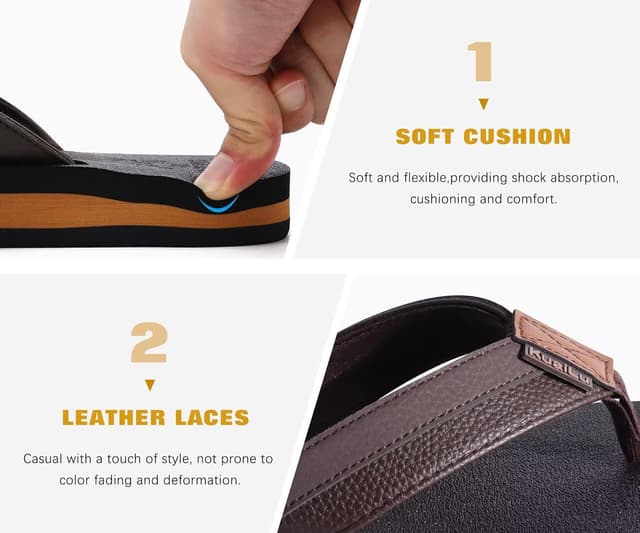 Detalle de KuaiLu men’s leather arch support flip flops with cushioned yoga foam and non-slip sole