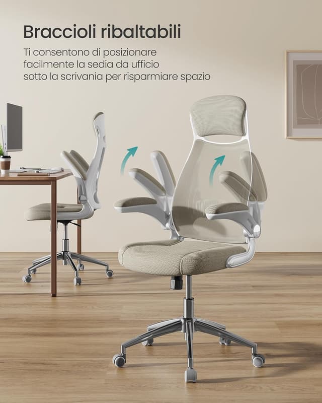 Detalle de SONGMICS Sedia da Ufficio OBN086K01 Beige Cappuccino con poltrona girevole, braccioli ribaltabili e poggiatesta