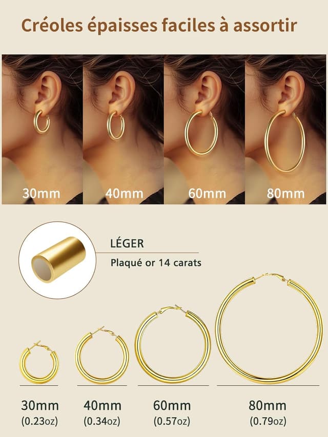 Detalle de FindChic Créoles en acier inoxydable pour femme (20/30/40/60/80 mm) – argenté, doré ou noir, fermoir à homard