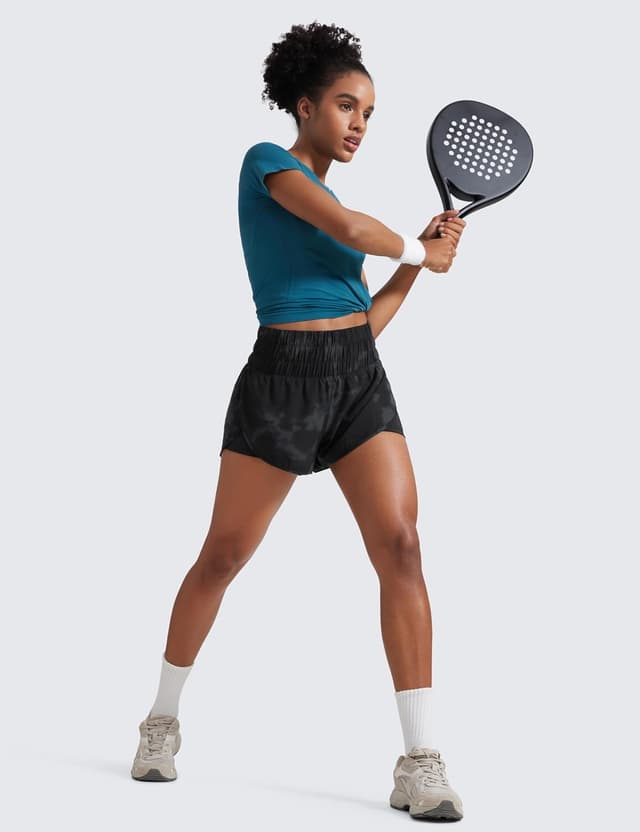 Detalle de CRZ YOGA pantaloncini 2 in 1 da corsa donna a vita alta con tasca