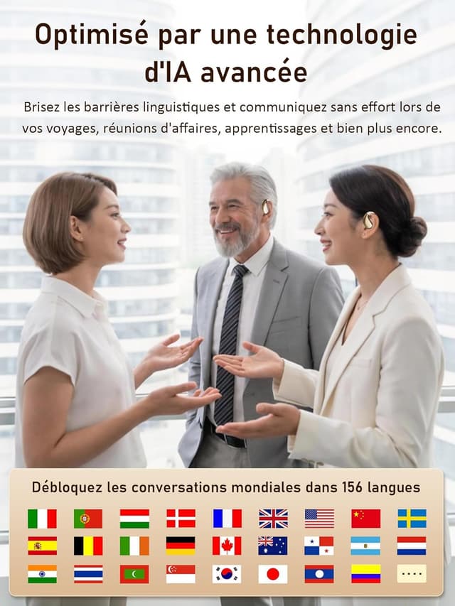 Detalle de AI Ecouteur traducteur instantané vocal Bluetooth 6.0 Open-Ear – 156 langues, modes 3-en-1 (musique, appels, traduction)