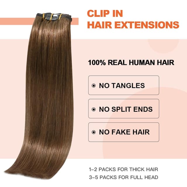 Detalle de UGOTRAYS Light Brown Clip-in Human Hair Extensions (7pcs, 20 inch, 70g, Remy) – 16 Clips, #6