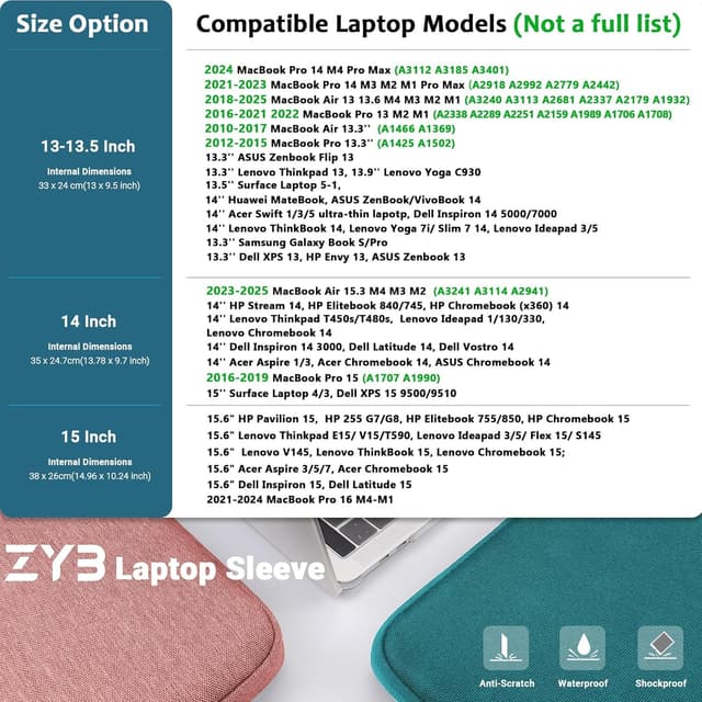 Detalle de ZYB Waterproof Laptop Sleeve 13–13.3 inch (Teal) – shockproof case with front pocket