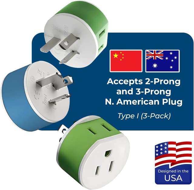 Detalle 2 de OREI Type I (US-16) Australia/New Zealand/China to USA Power Plug Adapter, Travel 3-Pack