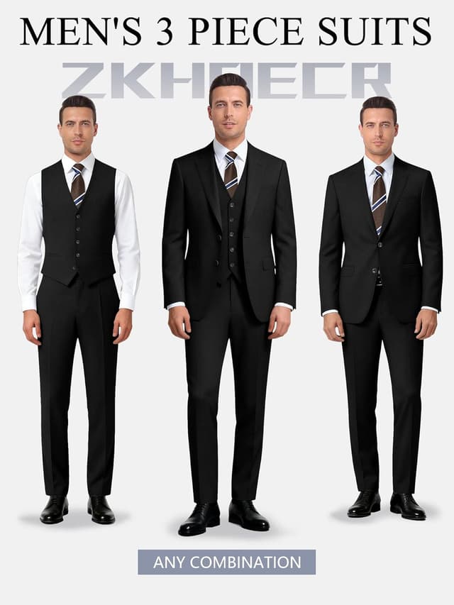 Detalle 2 de ZKHOECR Men’s 3-Piece Slim Fit Suit Set (Two-Button Blazer, Vest, Pants) for Weddings & Business
