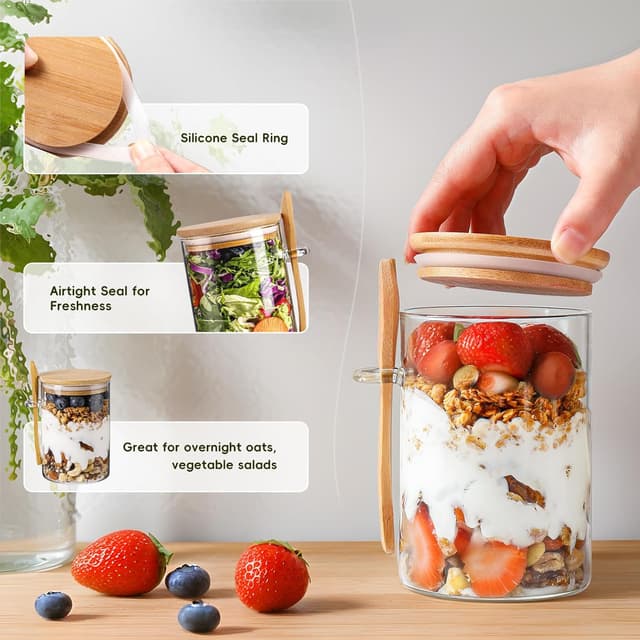 Detalle 2 de MHDCLY Overnight Oats Containers with Lids (16oz) — 4-Pack Glass Meal Prep Jars
