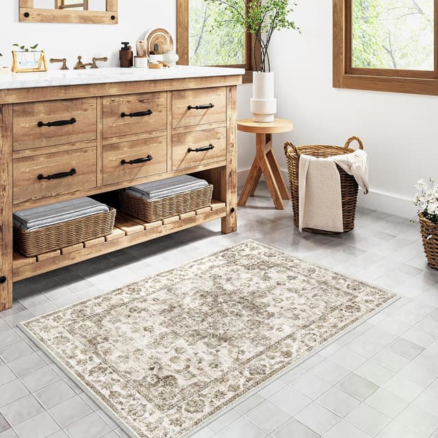 Detalle 2 de HUGEAR Vintage Braun waschbarer Teppich 60 x 90 cm – rutschfest für Eingang, Bad und Schlafzimmer