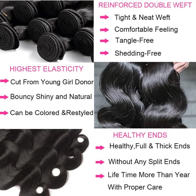 Detalle 2 de Caplina 16A Brazilian Virgin Hair Body Wave Bundles (4 Bundles) – Unprocessed Natural Black, 16–20 Inches