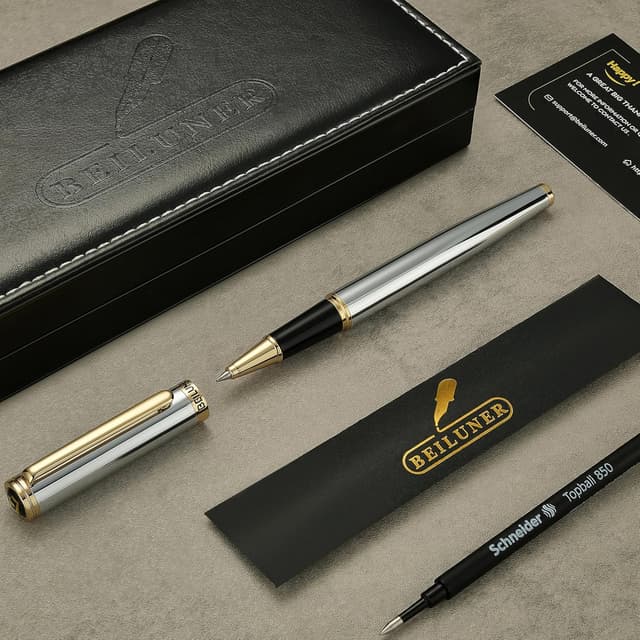 Detalle 2 de BEILUNER Luxury Rollerball Pen (24K Gold Trim) with Schneider 850 Refill – Executive Gift Set