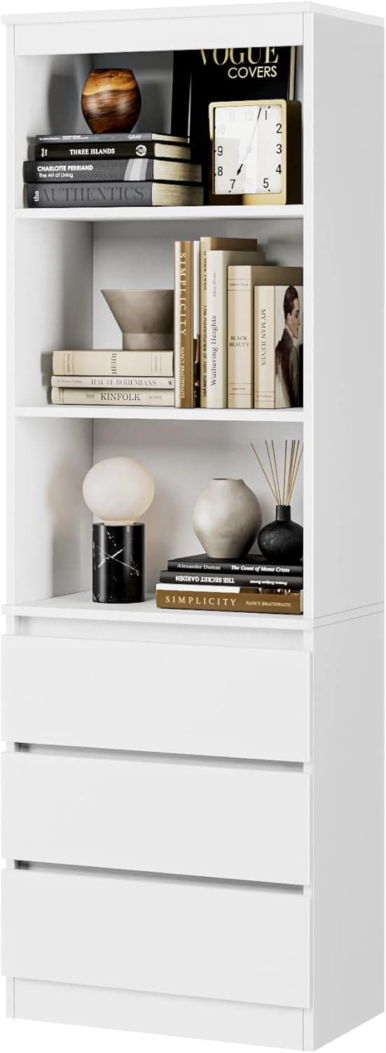 Detalle de FirFurd bibliothèque haute autoportante blanche avec 3 étagères et 3 tiroirs (60 x 35 x 180 cm)