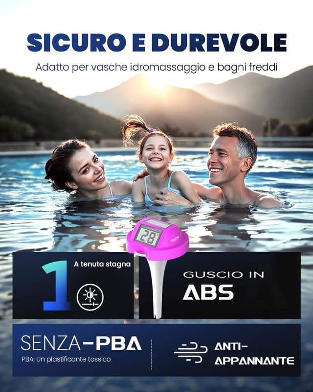 Detalle 2 de Termometro galleggiante BALDR Solare con doppio display anti-riflesso IPX7 per piscine e SPA (viola)