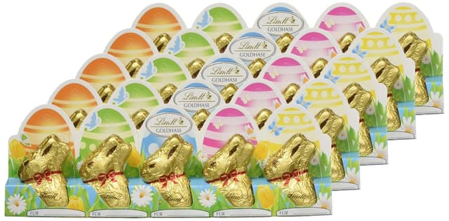 Detalle 2 de Mini-Goldhasen aus Lindt Alpenvollmilchschokolade, perforiert – 5er Pack mit 50 g