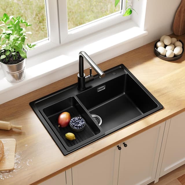 Detalle de ANYCEE Lavello Cucina Nero 70x46 cm in granito (80% sabbia di quarzo) con 1 vasca e sistema di scarico