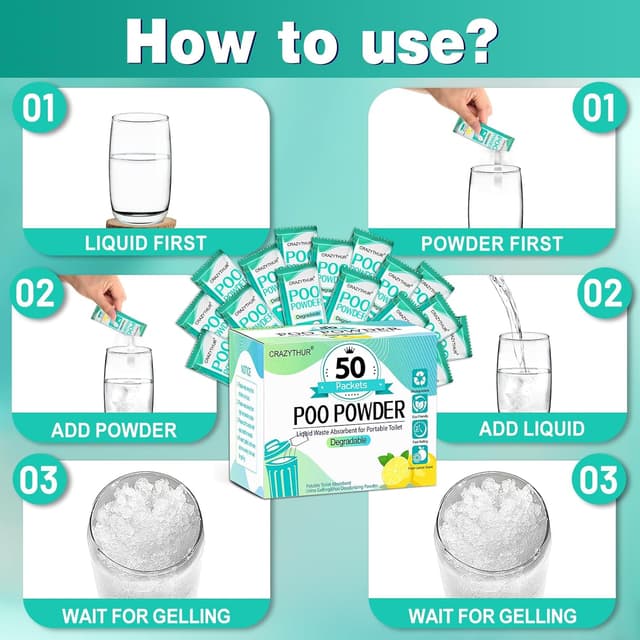 Thumbnail 6 de CRAZYTHUR Portable Toilet Gel (Poo Powder) for Camping & Outdoor Use, 50 Pack, Lemon Scent