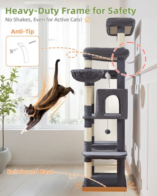 Thumbnail 6 de Taoqimiao 180cm Large Cat Tree (MS034G) with 9 Scratching Posts, Hammock & Wide Condo