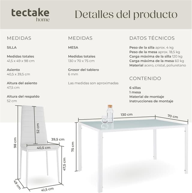 Thumbnail 5 de tectake® Conjunto de Mesa y 6 Sillas de comedor Blanco