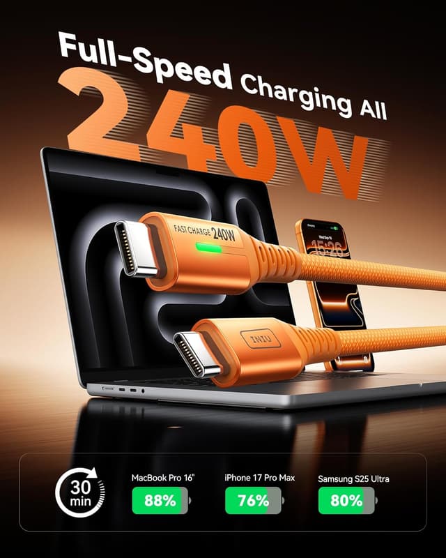 Detalle 2 de INIU 240W USB‑C auf USB‑C Kabel (2er-Set, Orange, 2 m) mit PD zum Schnellladen
