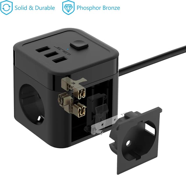 Detalle de JSVER Steckdosenleiste Cube Würfel mit 3 USB, 3680 W und 1,5 m Kabel – kompakt für Büro, Zuhause & unterwegs