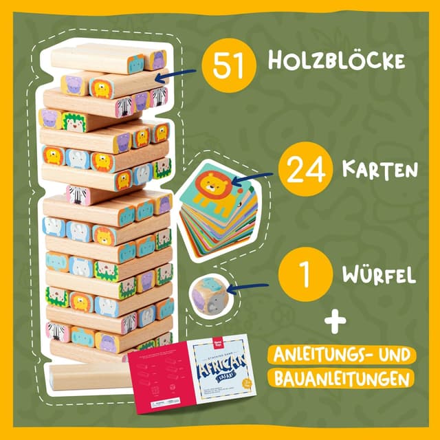 Thumbnail 6 de Nene Toys 4-in-1 Holz-Wackelturm aus Buchenholz (Familienspiel & Lernspiel) – Safari-Tierspiel für Kinder 3–9