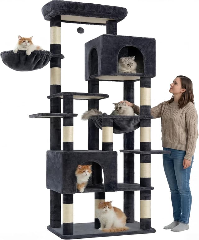 Detalle 2 de Heybly Kratzbaum Groß (193 cm) Rauchgrau – mit 2 Katzenhäuschen, Hängematte, Korb und 10 Sisal-Kratzstämmen