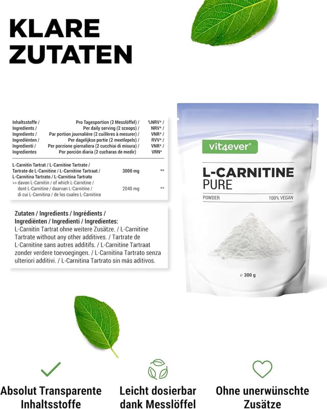 Detalle de vit4ever L-Carnitin Pure 300 g Pulver (L-Carnitin-Tartrat) – 100 Portionen