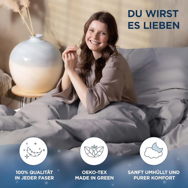 Detalle de Samthus Bettwäsche-Set Satin 135x200 (Baumwolle) mit 80x80 Kissenbezug – Oeko-Tex Made in Green, grau