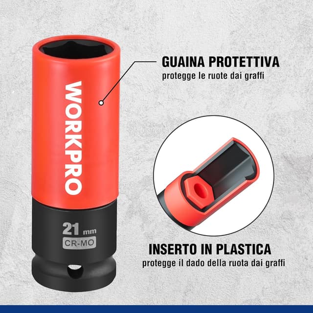 Detalle de WORKPRO Set bussole bulloni ruota 1/2" (17/19/21 mm) con protezione, 3 pezzi, parete sottile Cr-Mo