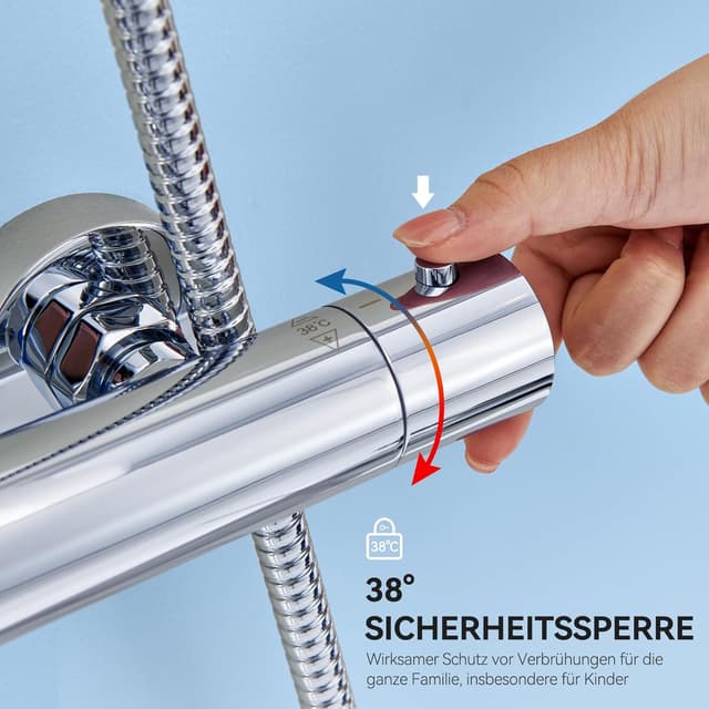 Detalle de Auralum Thermostat-Duscharmatur Komplettset mit Verbrühschutz & Regendusche (250 x 250 mm) in Chrom