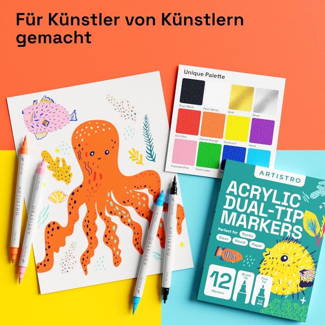 Detalle 2 de Artistro 12 Acrylstifte Dual Tip (Pinsel & Fein) – Acrylic Paint Pens für Kalligrafie, Scrapbooking & DIY