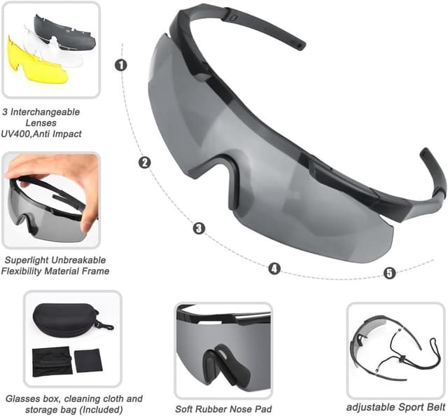 Detalle 2 de Feyachi Schutzbrille mit 3 austauschbaren beschlagfreien Polycarbonat-Gläsern (UV-400) für Sportschützen
