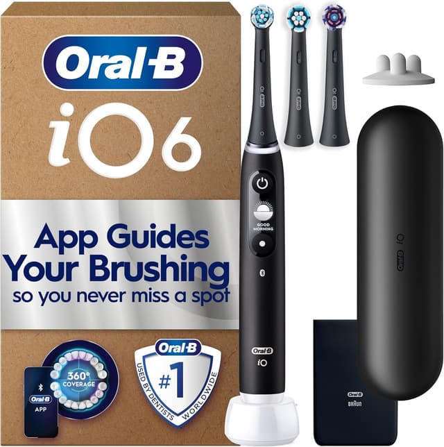 Detalle de Oral-B iO6 Electric Toothbrush for Adults (Black) – 5 Cleaning Modes, Whitening, 3 Brush Heads, Travel Case