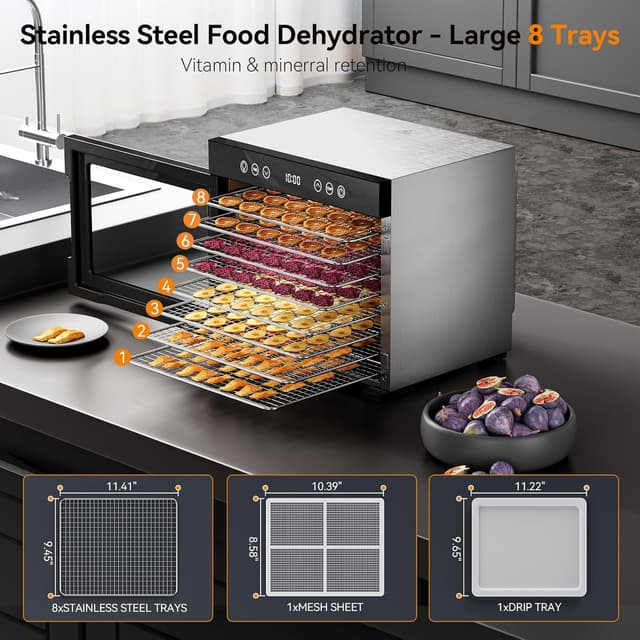 Detalle 2 de Food Dehydrator Machine with 8 Stainless Steel Trays, 650W Motor, Adjustable Temperature & 48-Hour Timer (Jerky, Fruits, Herbs, Dog Treats)