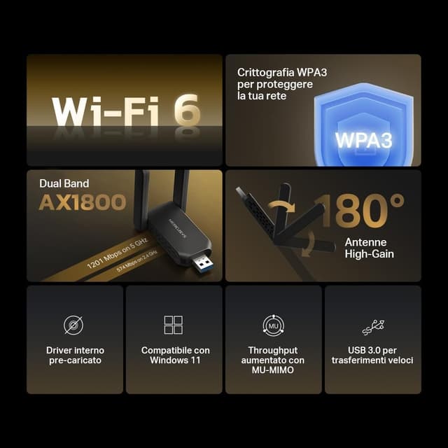 Detalle 2 de MERCUSYS MA72XH WiFi USB AX1800 2 antenne per PC