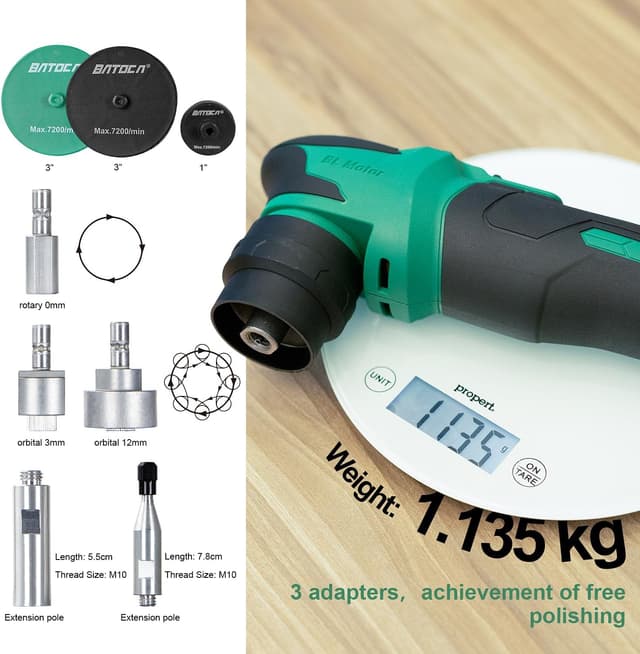 Detalle 2 de BATOCA S4 Cordless Mini Car Polisher / Buffer (Rotary & Dual Action) with 2x 12V 2.5Ah Batteries, 1 & 3 inch Kit