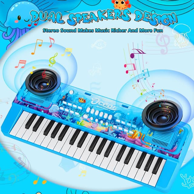Detalle de 37 Key Upgrade Kids Piano Keyboard with Microphone (Ocean Blue) – Portable Electronic Toy for Ages 3–5 and up