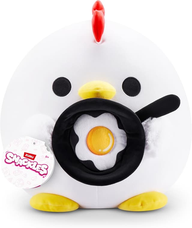 Detalle de Snackles Easter Chicken 14-inch Plush (RUFUS) by ZURU – Easter cuddly chicken with fried egg accessory