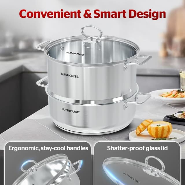 Detalle de SUNHOUSE 2-Tier Stainless Steel Steamer Pot 5.5 QT 🍲