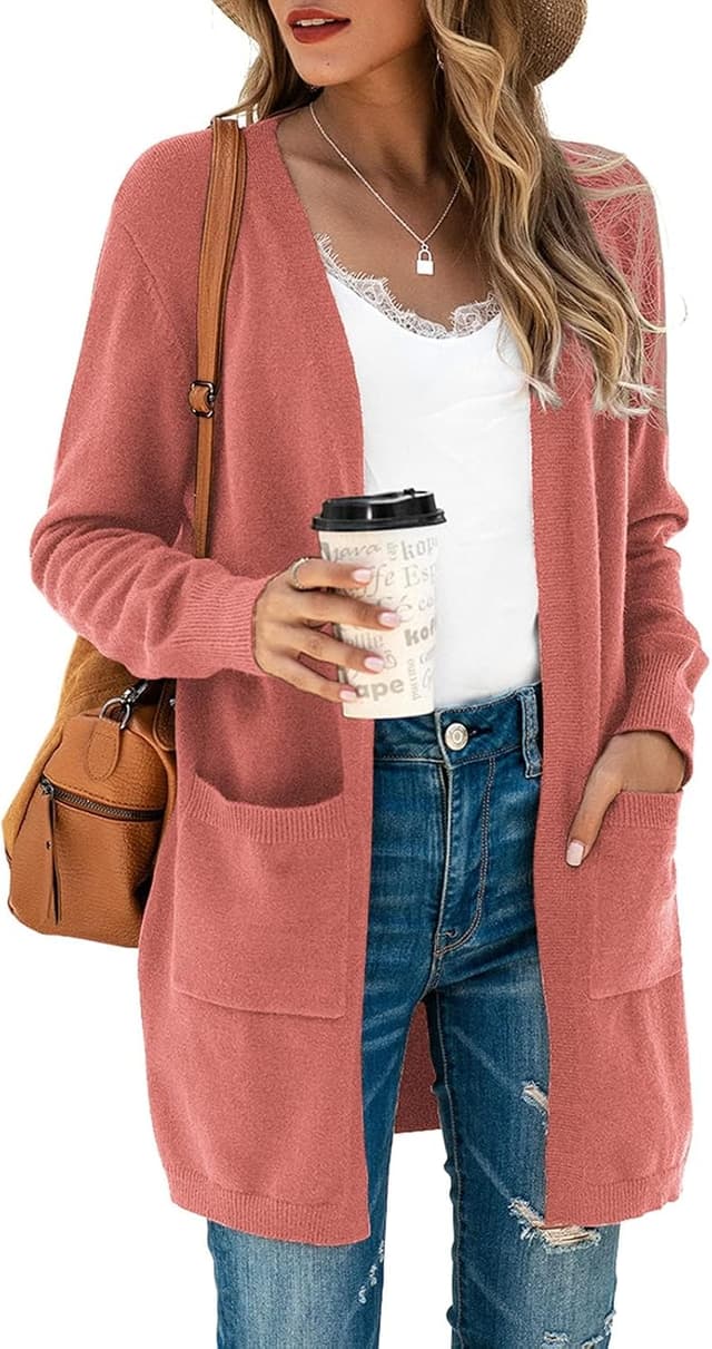 Detalle de Saodimallsu Damen Strickjacke – langer, leichter Cardigan mit offenem Vorderteil, V-Ausschnitt und Taschen