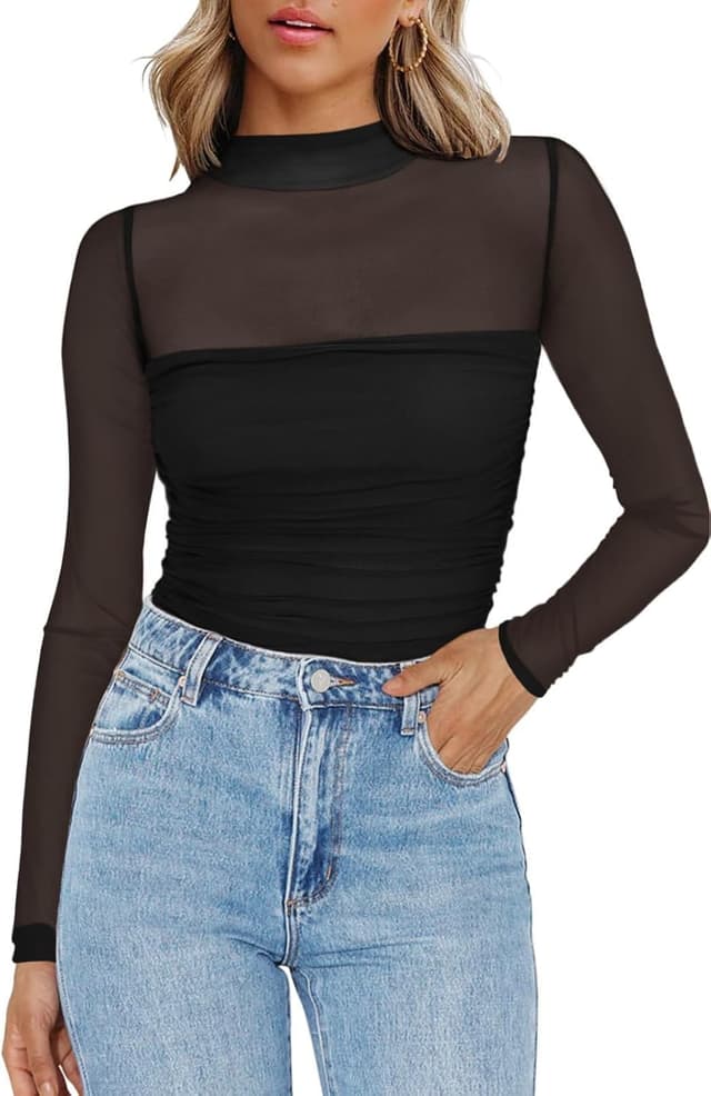 Detalle de Zeagoo Damen Mesh Oberteil – transparentes Langarmshirt mit Rundhalsausschnitt für Party & Clubwear (Slim Fit)