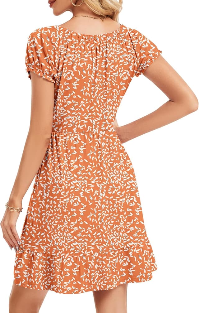 Detalle 2 de AUSELILY Damen Sommerkleid mit Puffärmeln, hoher Taille und Taschen – bedrucktes Minikleid mit Kurzarm