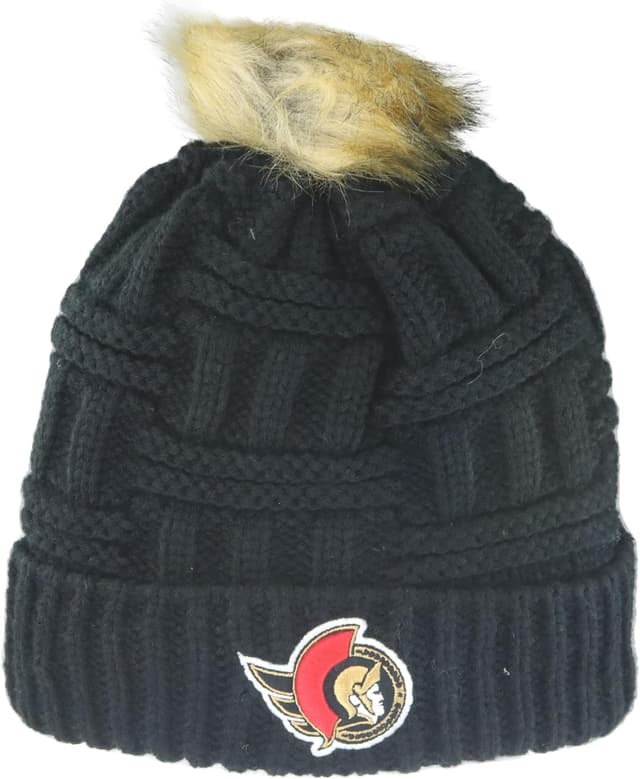 Detalle de ZHATS NHL Officially Licensed Women’s Faux Fur Pom Beanie (Columbus Blue Jackets)