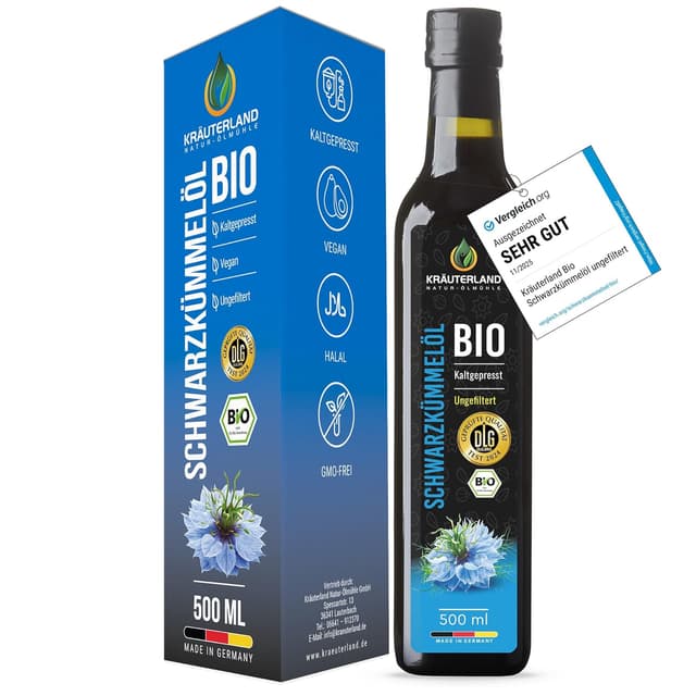 Detalle de Kräuterland Schwarzkümmelöl Bio (500 ml) – kaltgepresst, ungefiltert, 1. Pressung