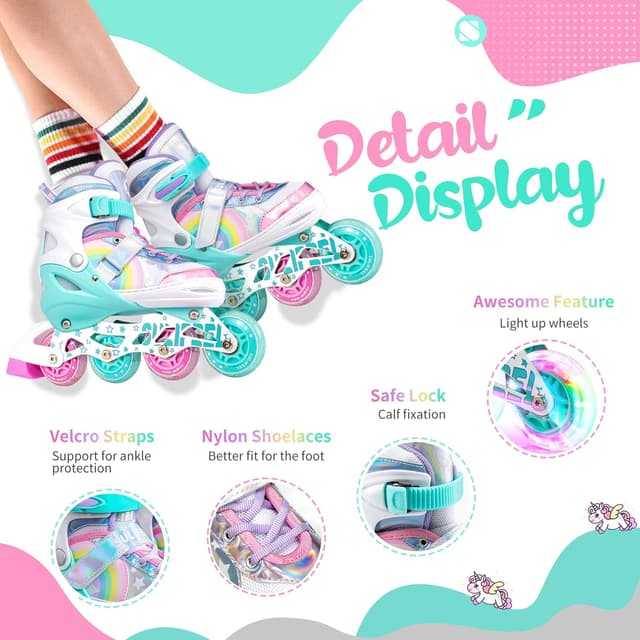 Detalle de SULIFEEL Rainbow Unicorn Adjustable Inline Skates for Kids (4 Sizes) with Light-Up Wheels