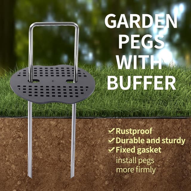 Detalle de HuiCloud 50 Weed Control Membrane Pegs + 50 Buffer Washers Heavy Duty Metal Ground Pegs Set with Hook and Gloves