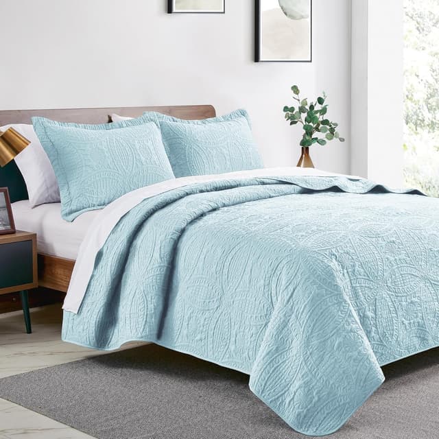 Detalle 2 de Love’s cabin Queen Quilt Set (Spa-Blue) with Coin Pattern — 3-Piece Lightweight Bedspread + Shams
